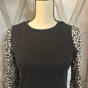 THML Black Top with Animal Print Sleeves